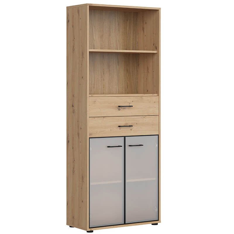 SPACE OFFICE BRW REG2W2S/200 2 Door 2 Drawer Glass Fronted BLACK RED WHITE Display Cabinet-Artisan Oak