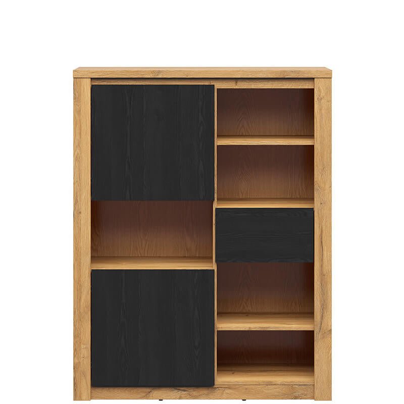 WALTON BRW REG2D1S 1 Drawer 2 Door Low BLACK RED WHITE Bookcase-Grand Oak / Black Oak