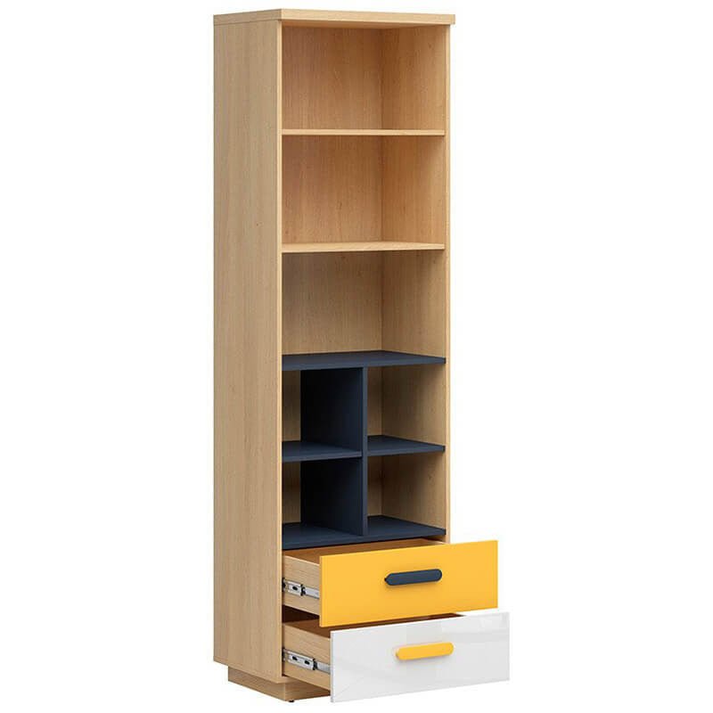 WESKER BRW REG2S 2 Drawer Tall BLACK RED WHITE Bookcase-Polish Oak / Dark Blue / White Gloss / Yellow