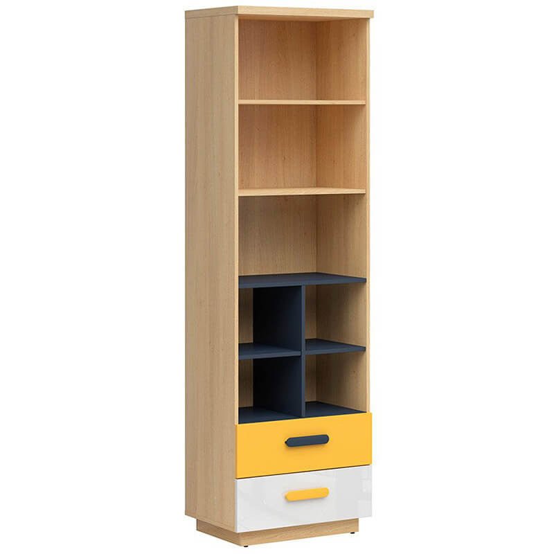 WESKER BRW REG2S 2 Drawer Tall BLACK RED WHITE Bookcase-Polish Oak / Dark Blue / White Gloss / Yellow