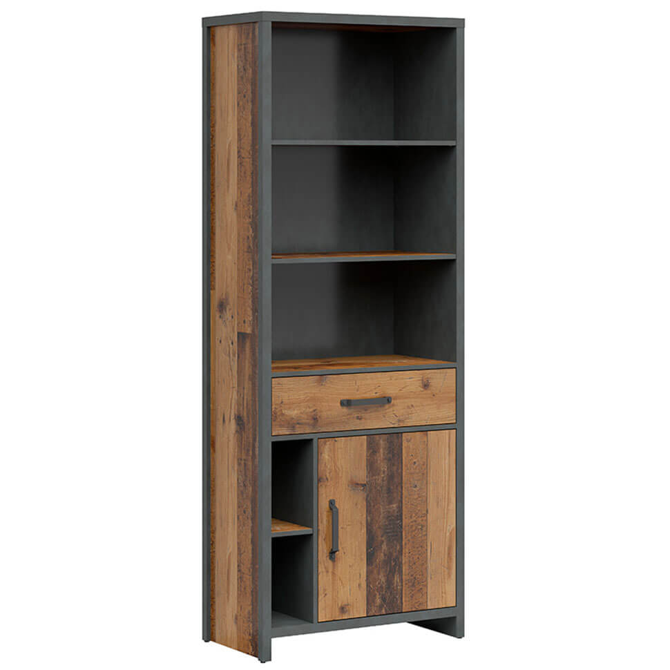 WESTON BRW REG1D1S 1 Door 1 Drawer Tall BLACK RED WHITE Bookcase-Old Style Pine / Matera